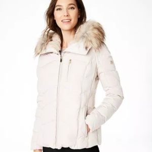 Faux-Fur-Trim Hooded Down Puffer Coat